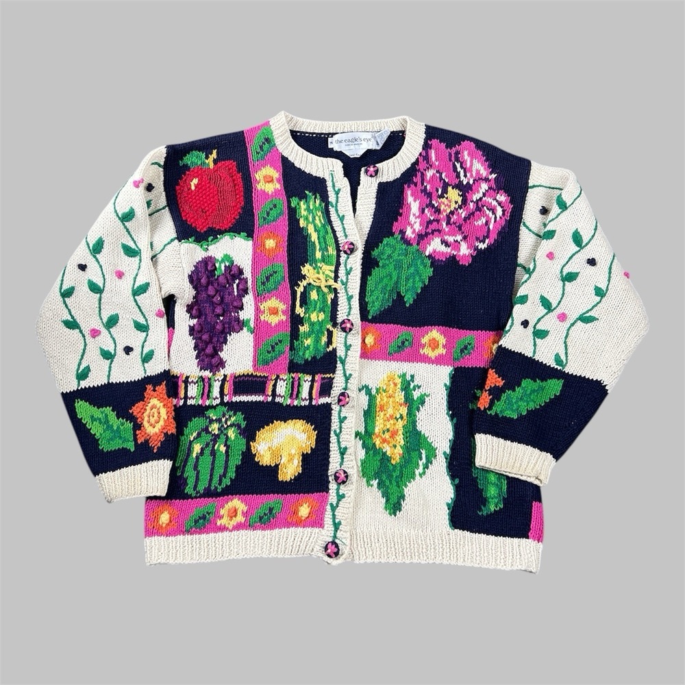 Vtg 90s Eagles Eye‎ Handknit Chunky Cardigan Sweater Garden Vegetable Grannycore